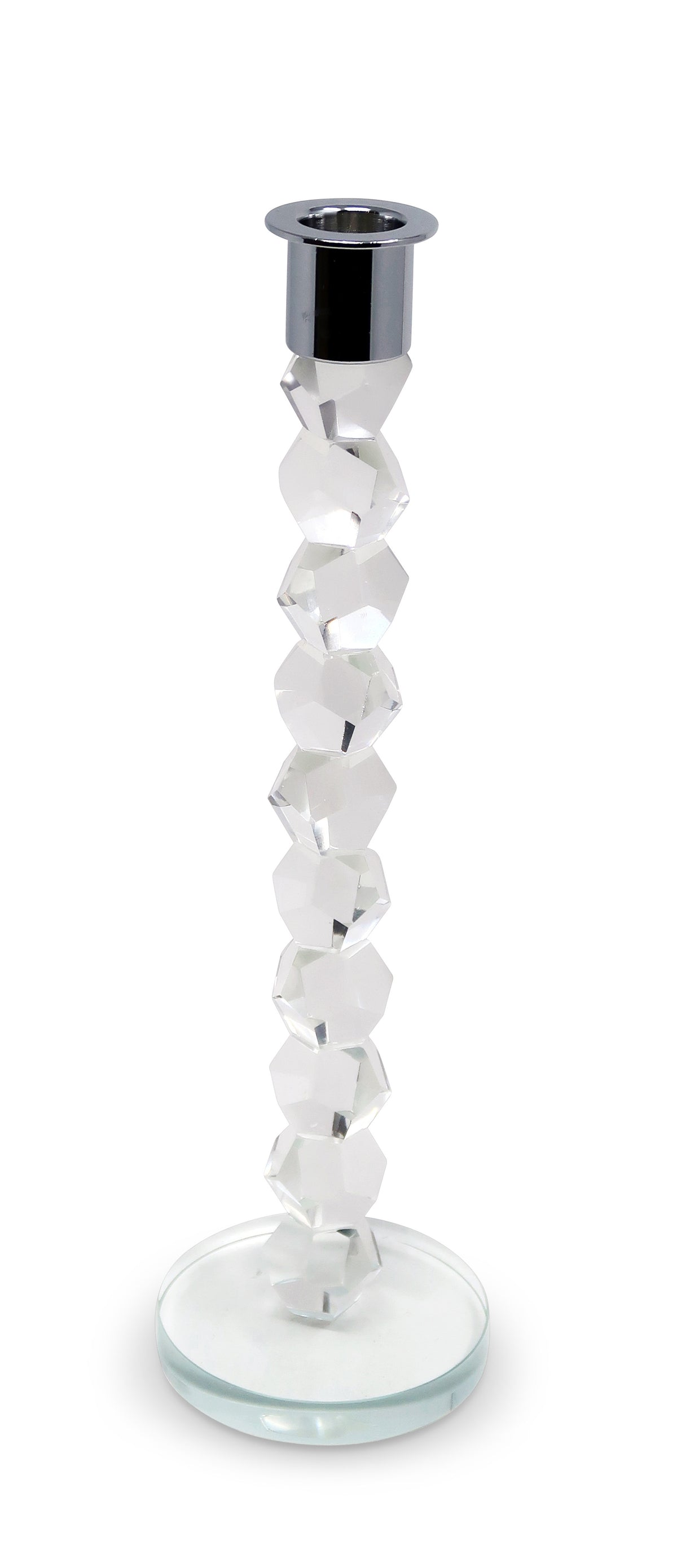 11" Clear And Silver Geo Stacks Crystal Tabletop Taper Candlestick