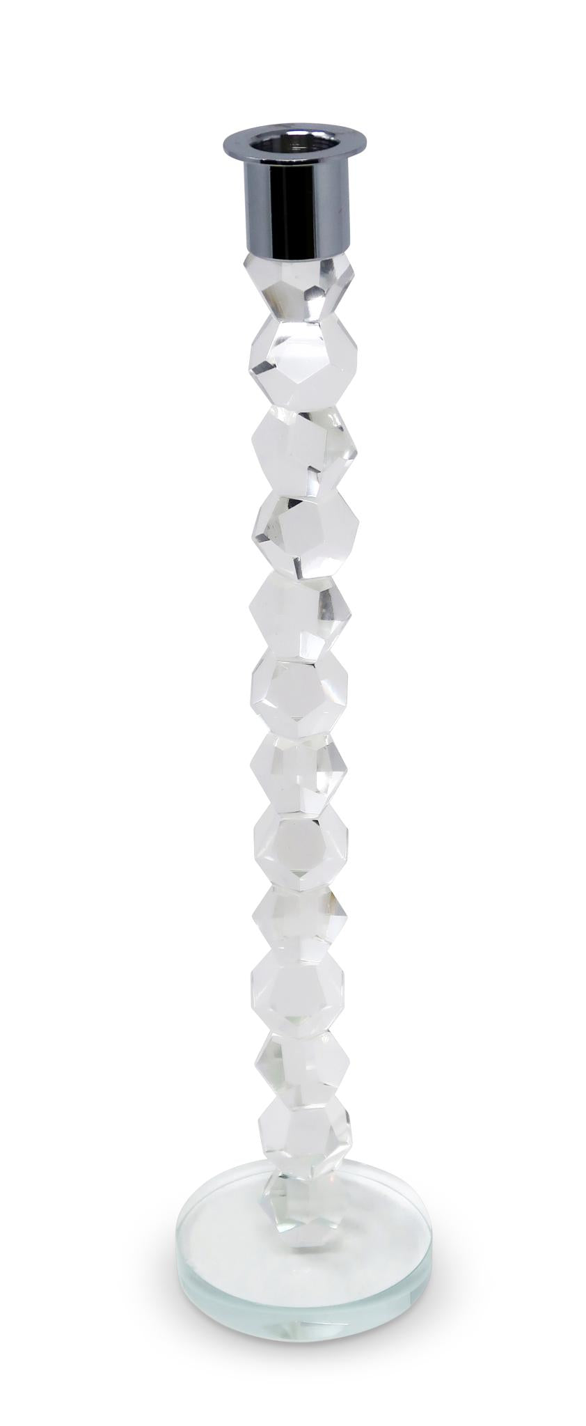 14" Clear And Silver Geo Stacks Crystal Tabletop Taper Candlestick