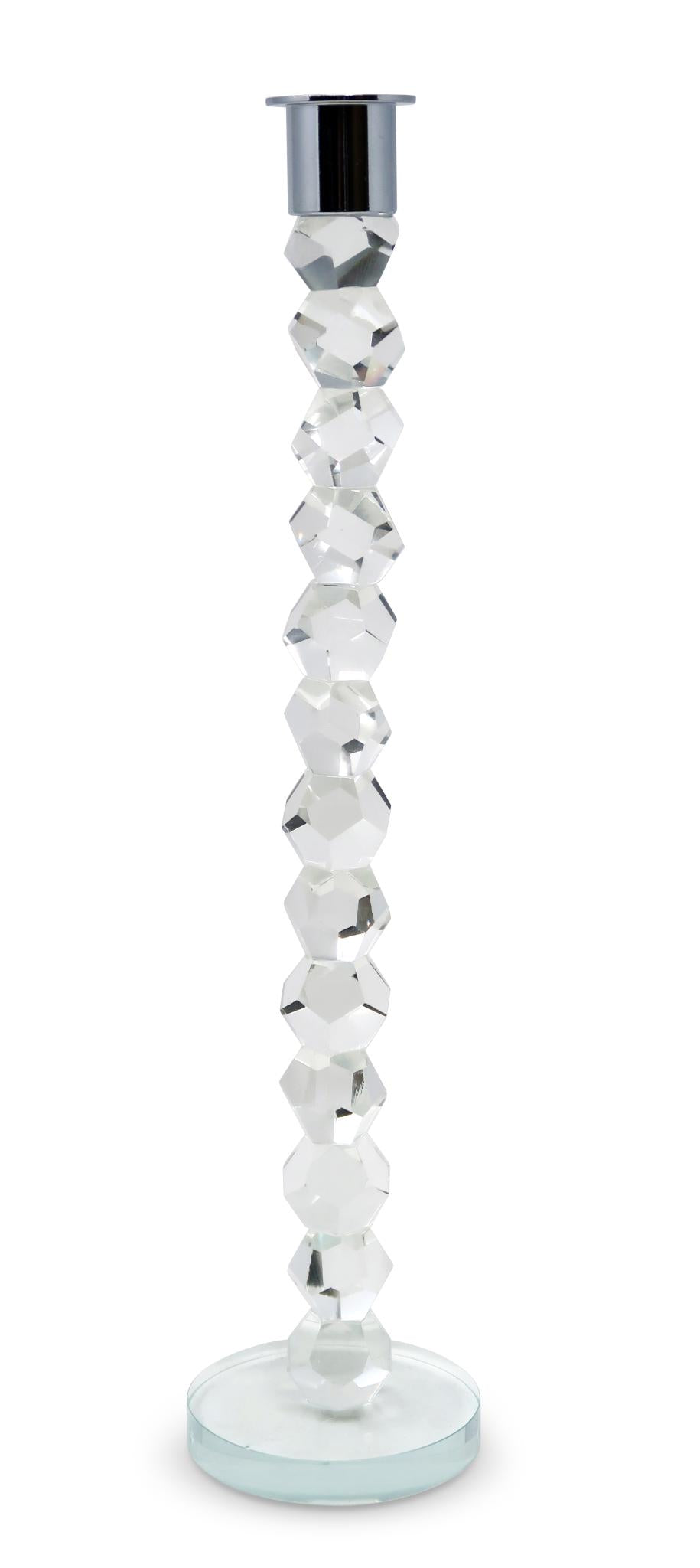 14" Clear And Silver Geo Stacks Crystal Tabletop Taper Candlestick