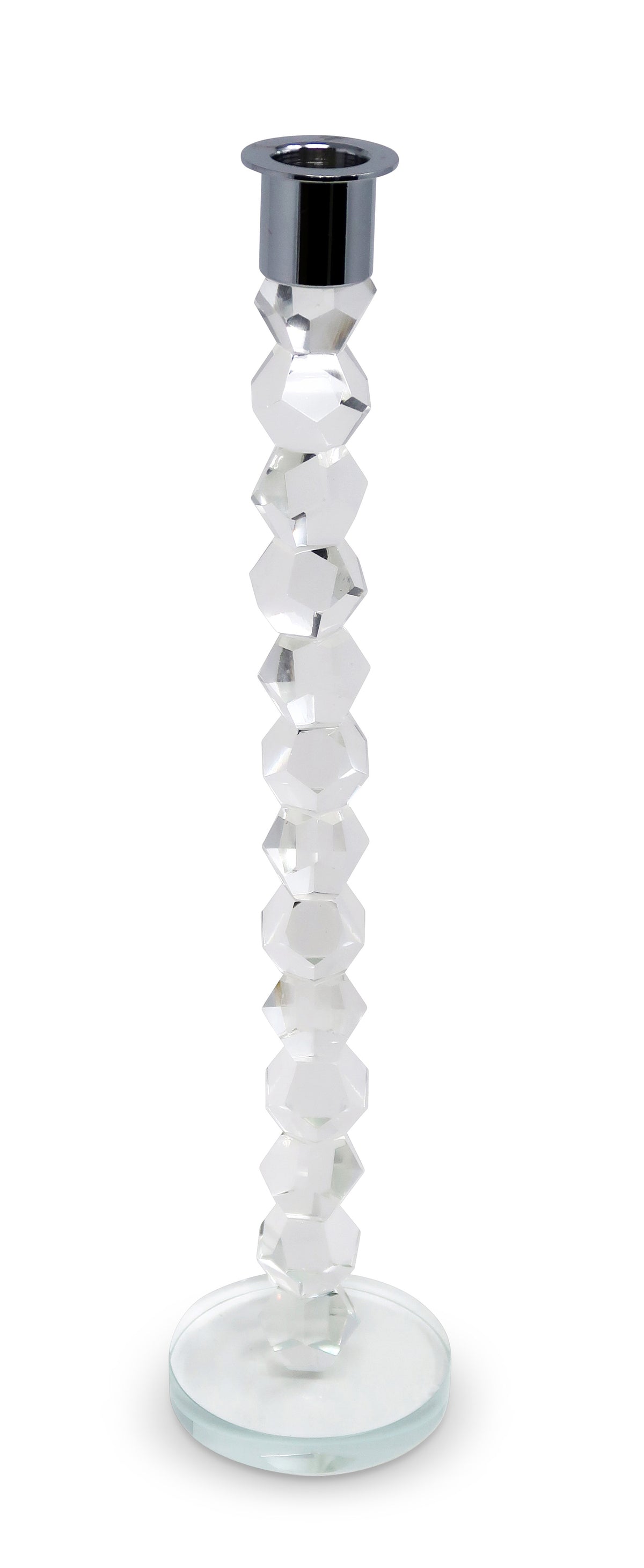 14" Clear And Silver Geo Stacks Crystal Tabletop Taper Candlestick
