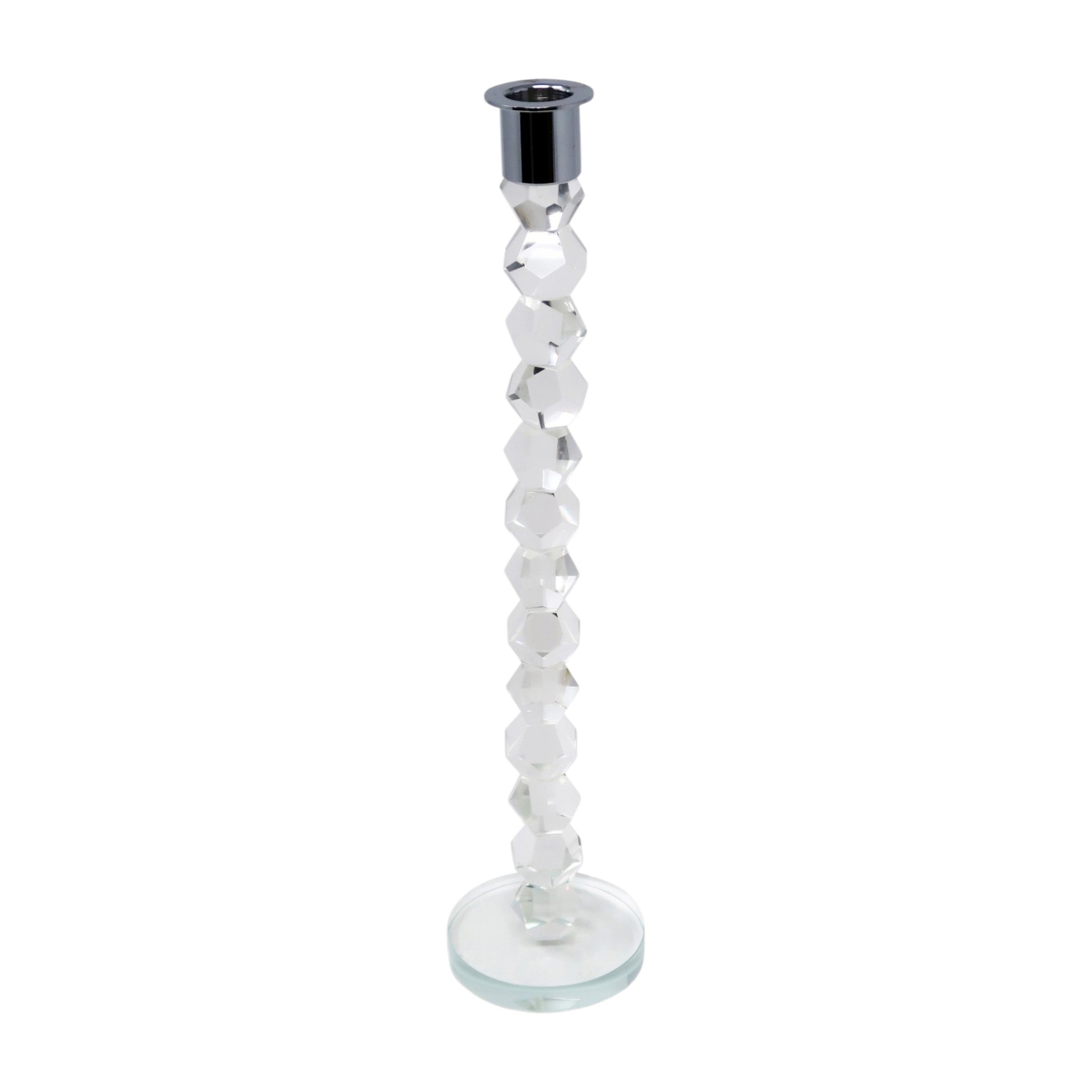 14" Clear And Silver Geo Stacks Crystal Tabletop Taper Candlestick