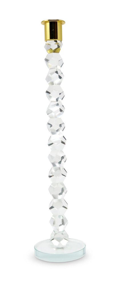14" Clear And Gold Geo Stacks Crystal Tabletop Taper Candlestick