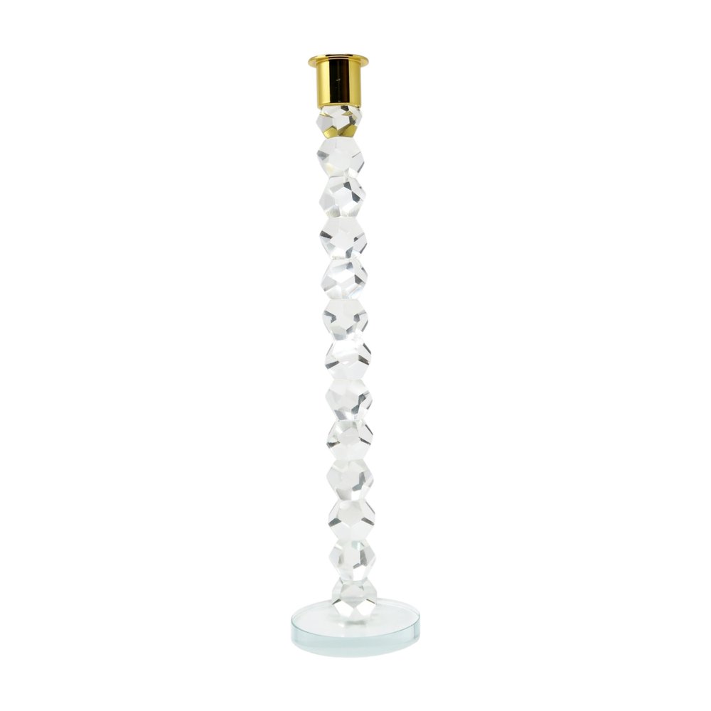 14" Clear And Gold Geo Stacks Crystal Tabletop Taper Candlestick