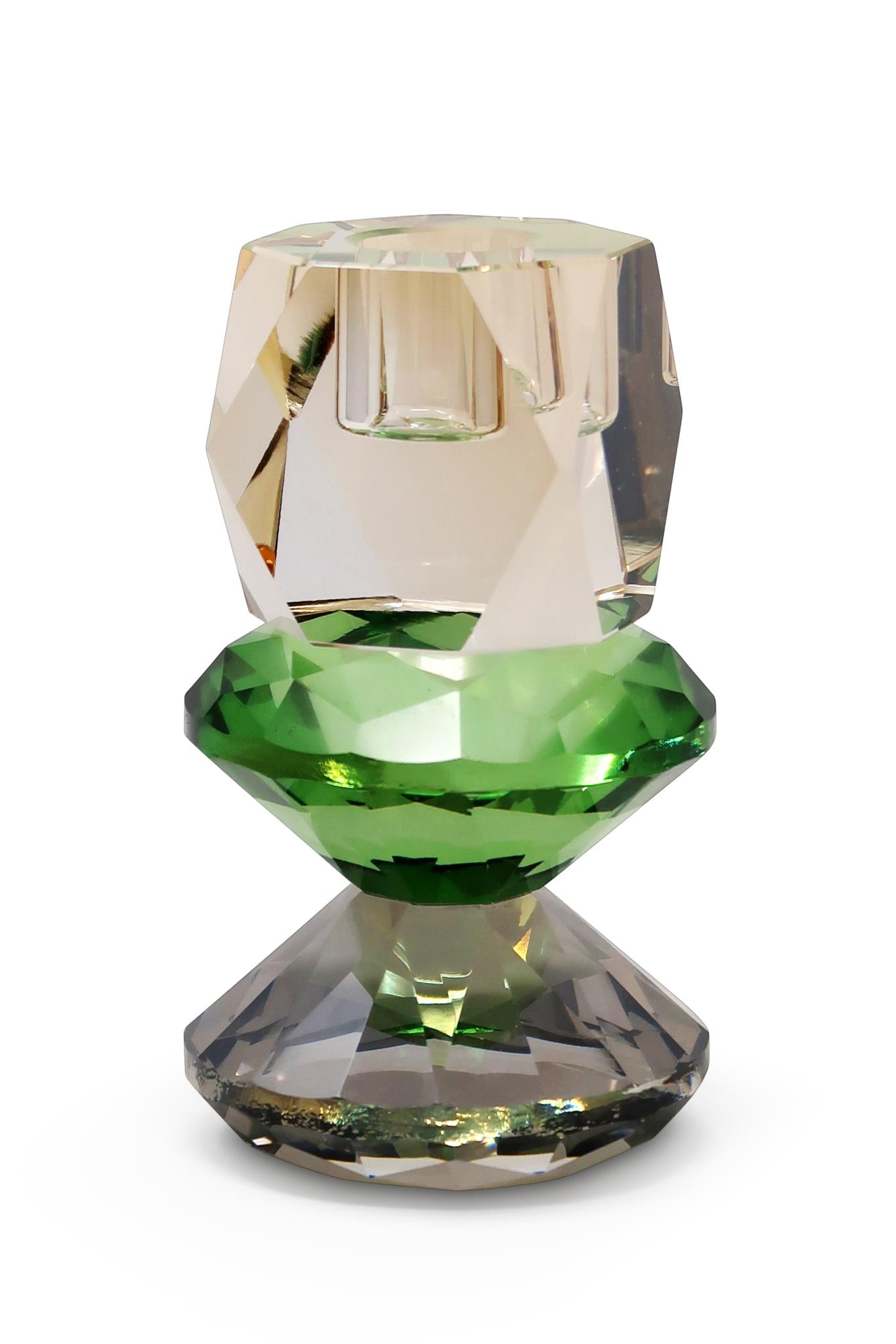 5" Amber Green And Smoky Black Faceted Crystal Tabletop Taper Candlestick