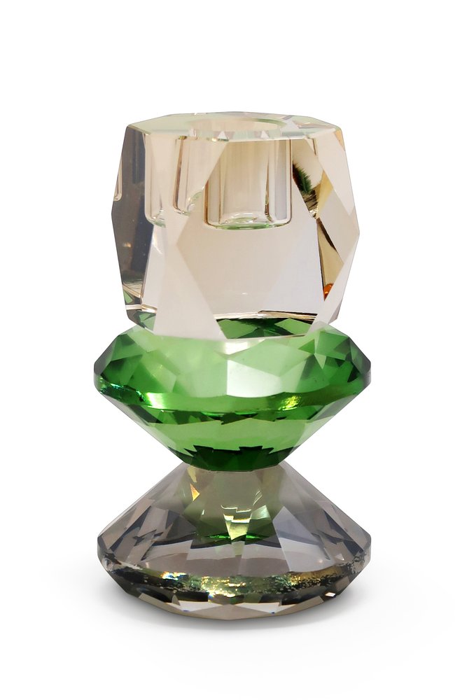 5" Amber Green And Smoky Black Faceted Crystal Tabletop Taper Candlestick