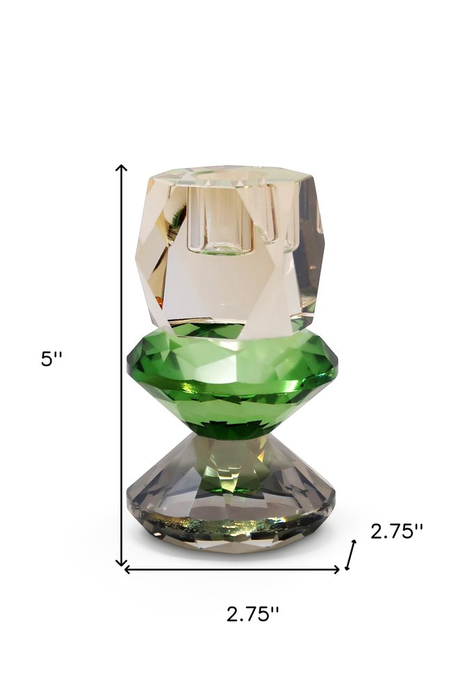 5" Amber Green And Smoky Black Faceted Crystal Tabletop Taper Candlestick