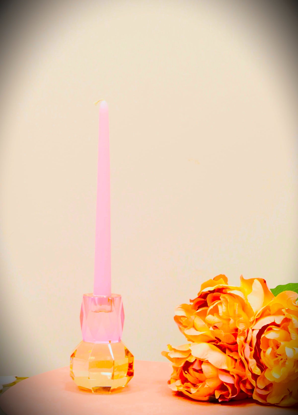 5" Pink And Clear Faceted Crystal Tabletop Taper Candlestick