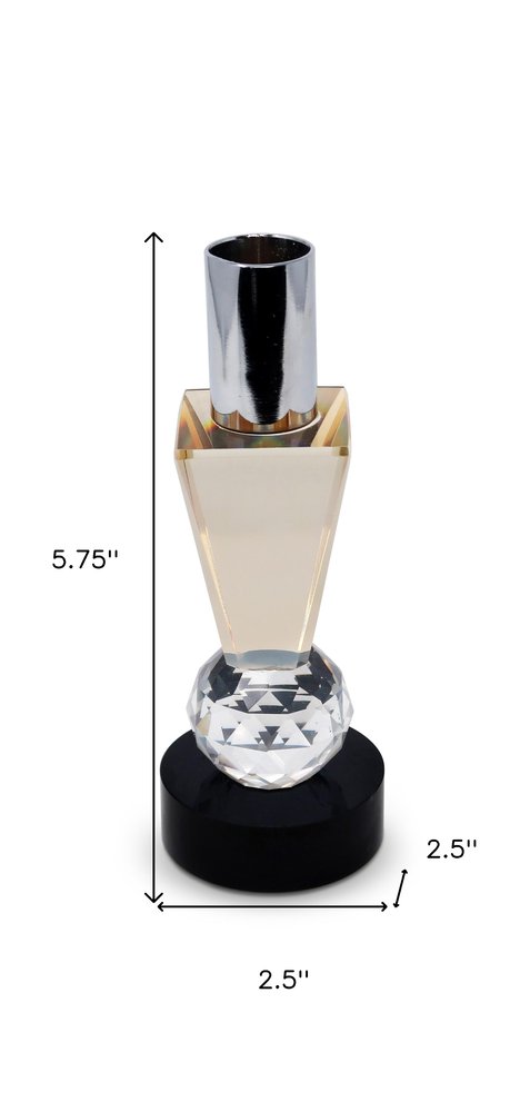 6" Silver Amber Clear And Black Faceted Crystal Tabletop Taper Candlestick