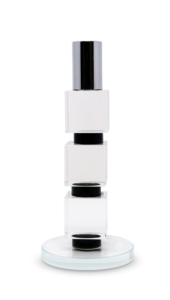 7" Silver Clear And Black Block And Cylinder Crystal Tabletop Taper Candlestick