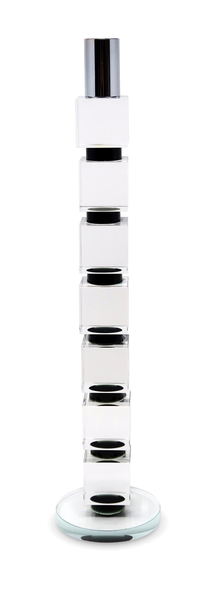 15" Silver Clear And Black Crystal Tabletop Taper Candlestick