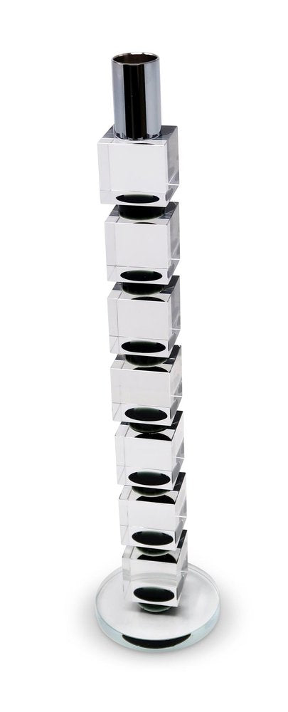 15" Silver Clear And Black Crystal Tabletop Taper Candlestick