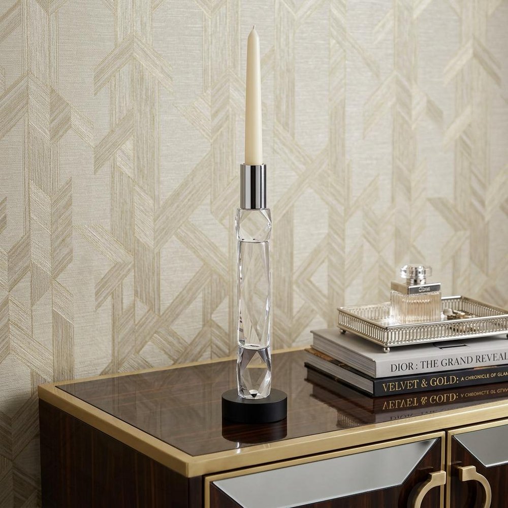 10" Silver Clear And Black Faceted Crystal Tabletop Taper Candlestick
