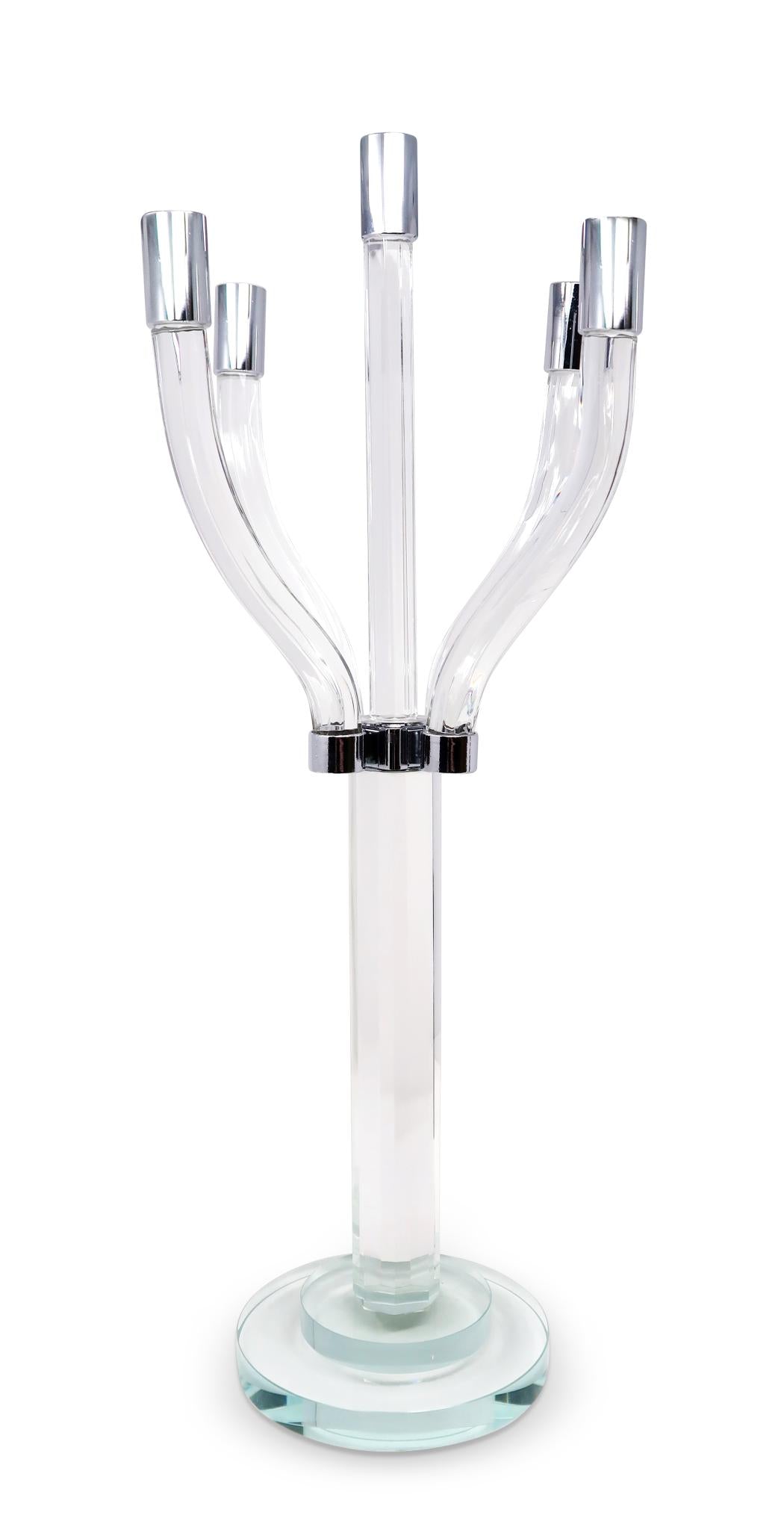 20" Clear And Silver Crystal Tabletop Contempo Candelabra Candle Holder