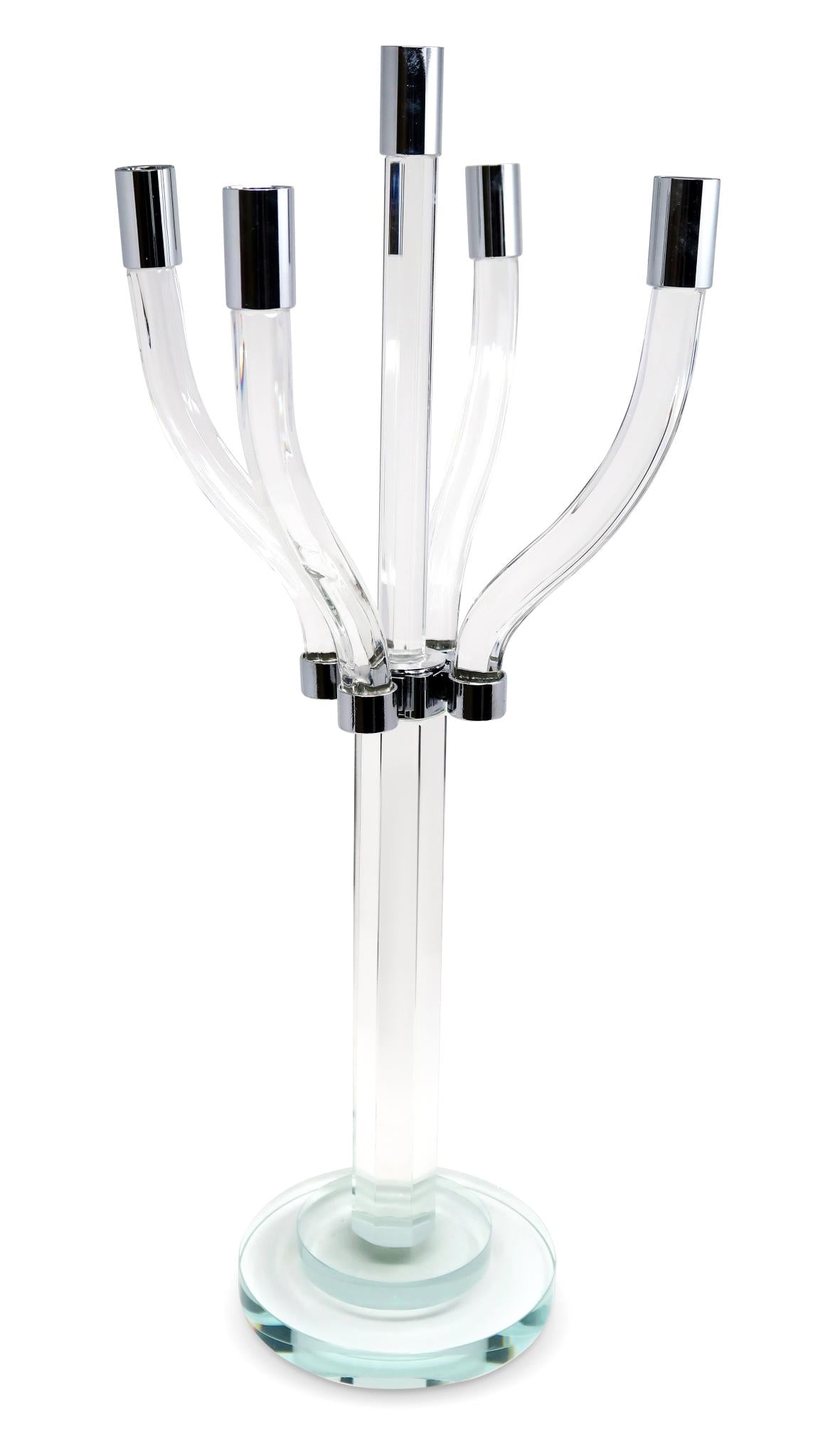 20" Clear And Silver Crystal Tabletop Contempo Candelabra Candle Holder