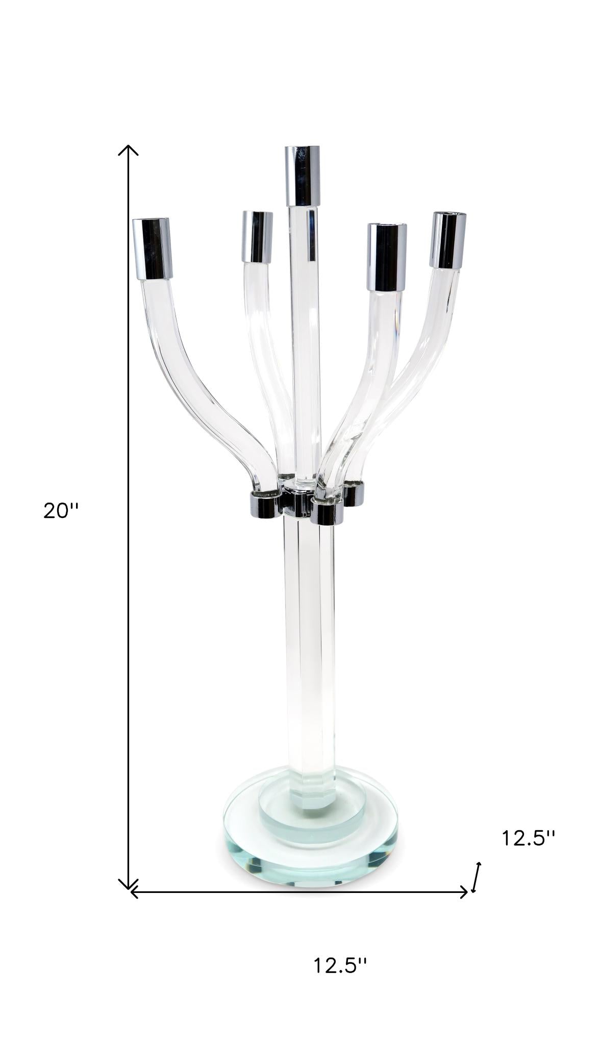 20" Clear And Silver Crystal Tabletop Contempo Candelabra Candle Holder