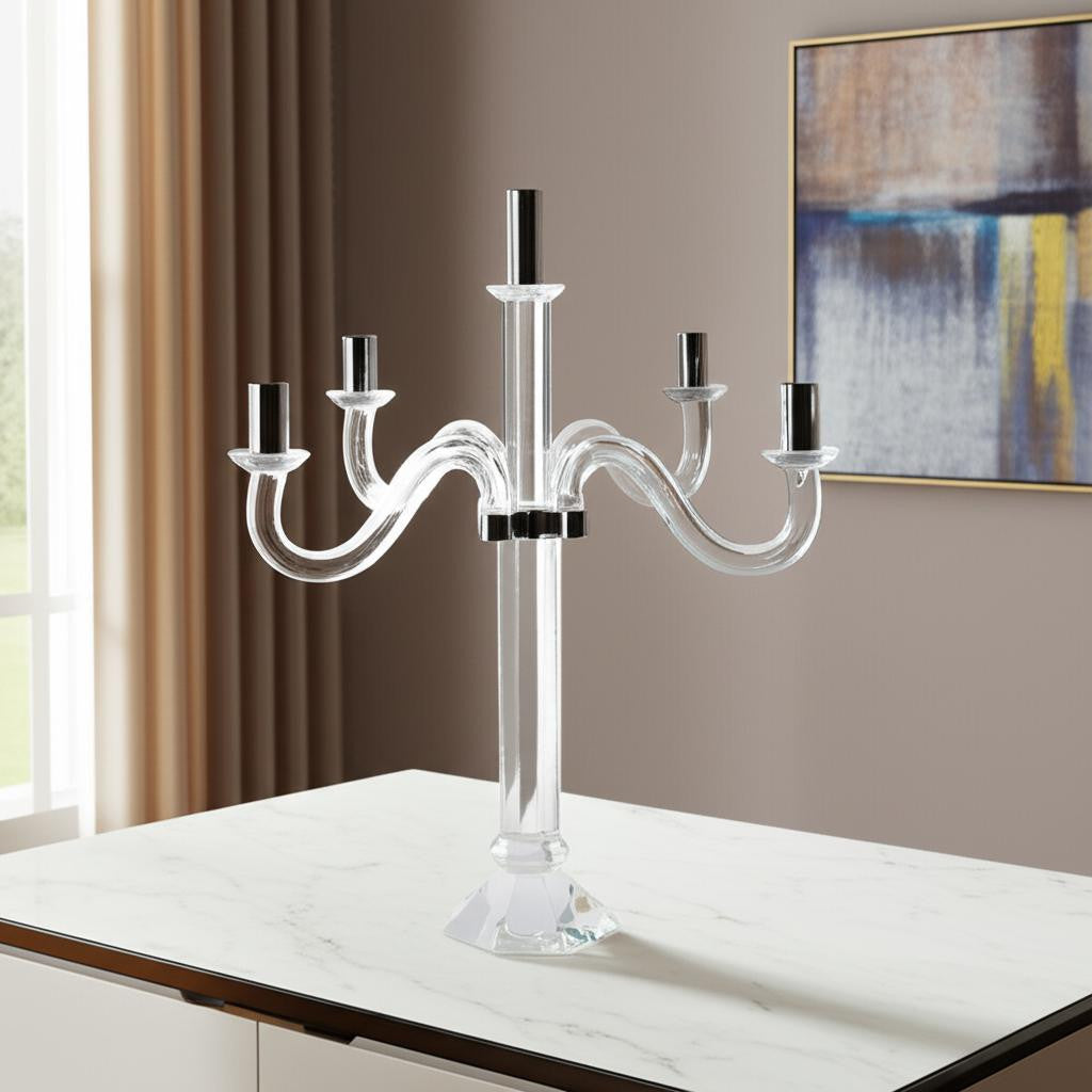 20" Clear And Silver Crystal Tabletop Candelabra Candle Holder