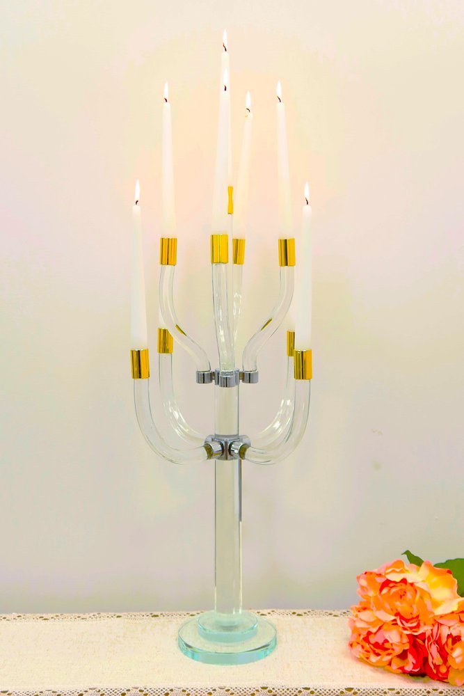 23" Clear Gold And Silver Crystal Tabletop Candelabra Candle Holder