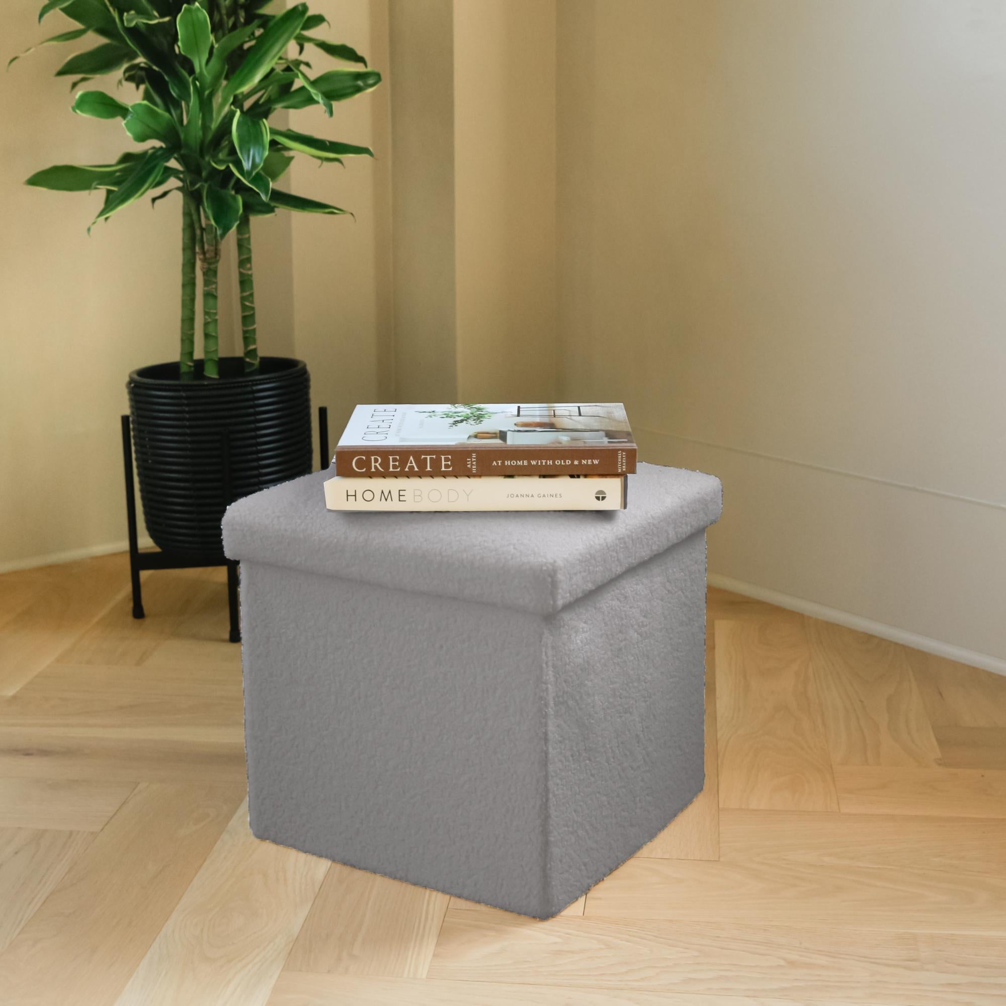 15" Gray Boucle Cube Ottoman With Storage