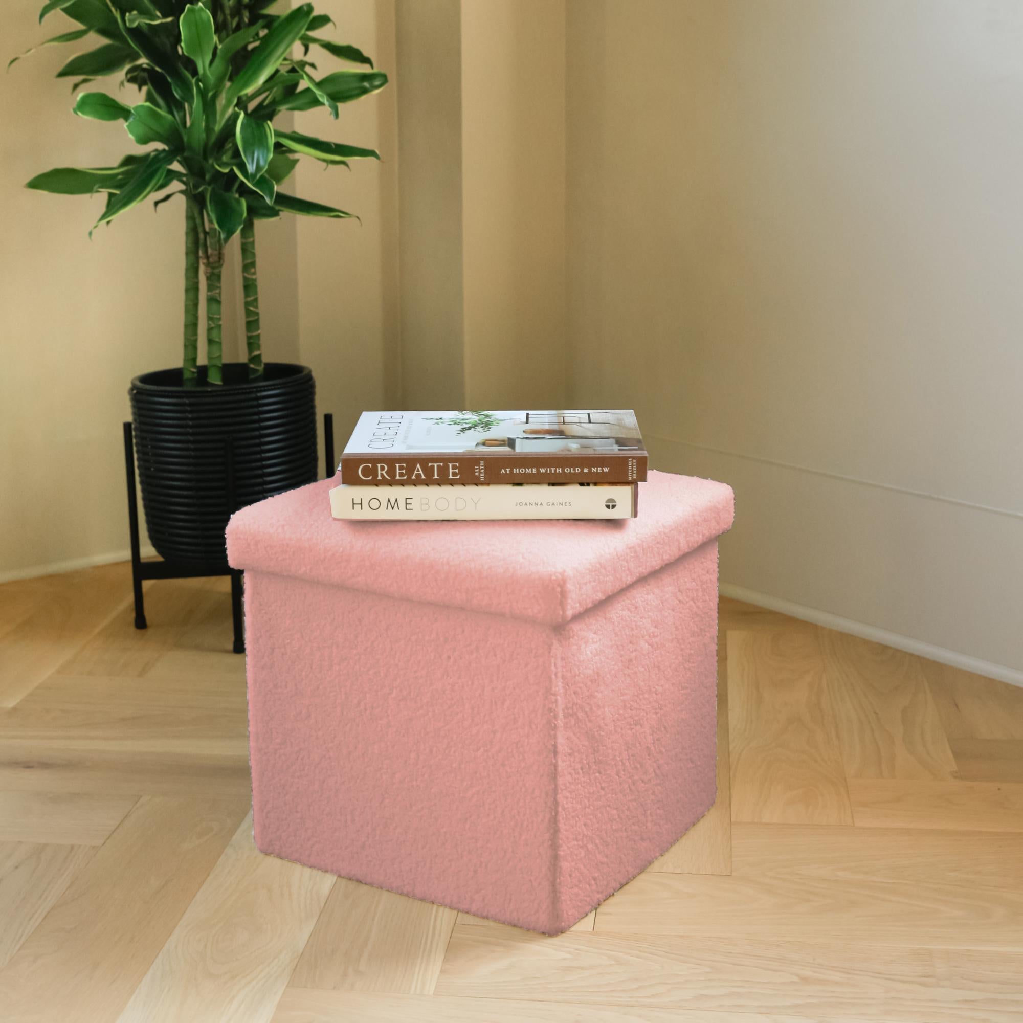 15" Pink Boucle Cube Ottoman With Storage