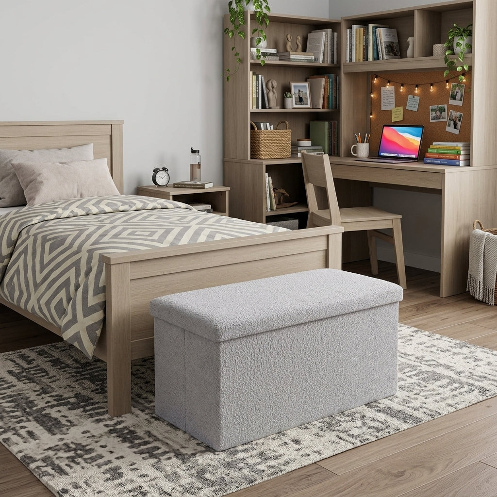 30" Gray Boucle Ottoman With Storage