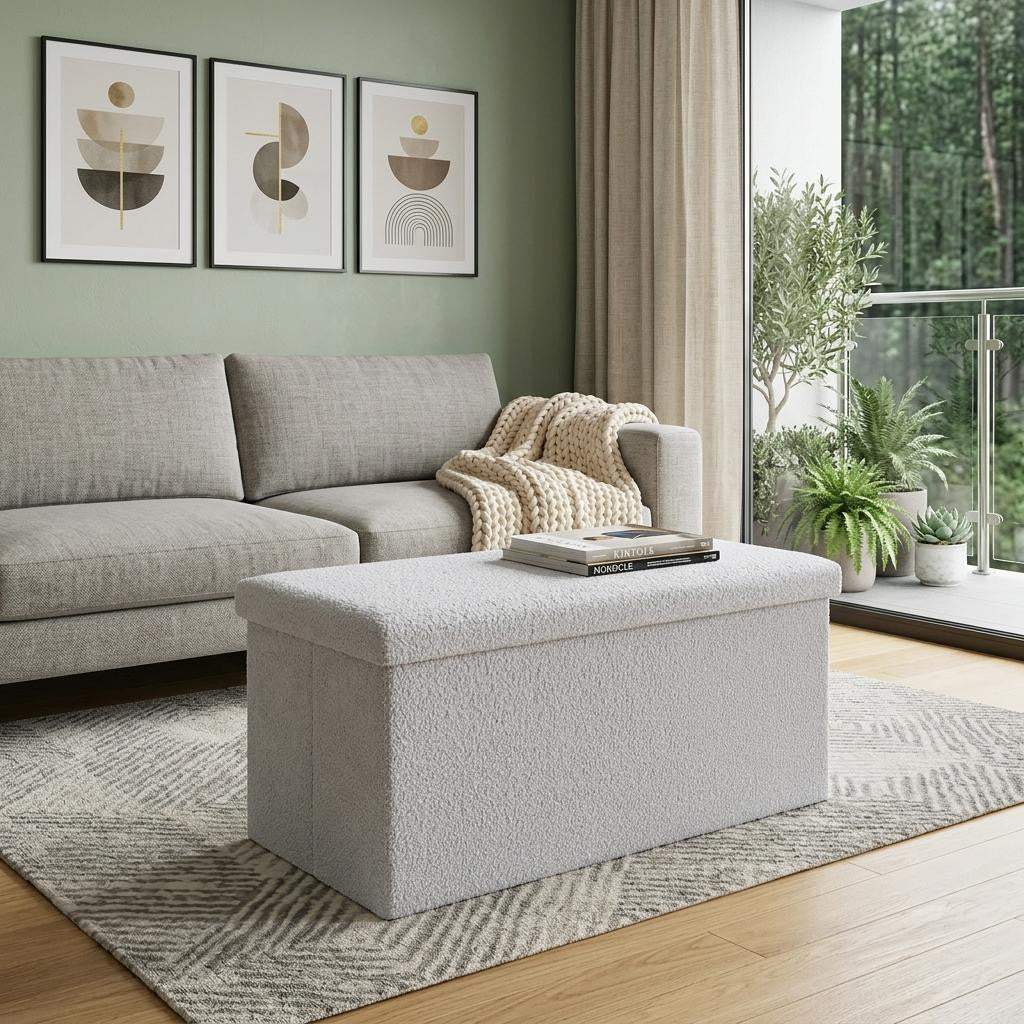 30" Gray Boucle Ottoman With Storage