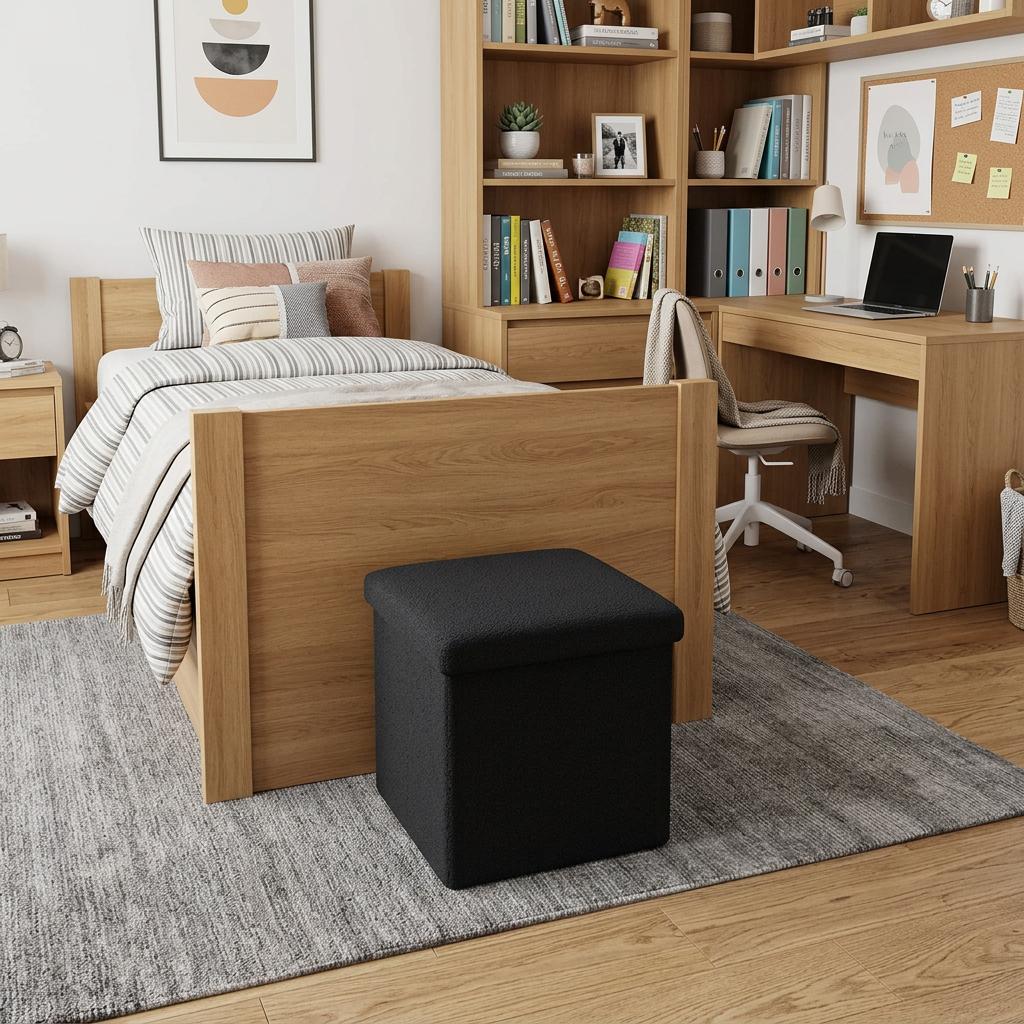 12" Black Boucle Cube Ottoman With Storage