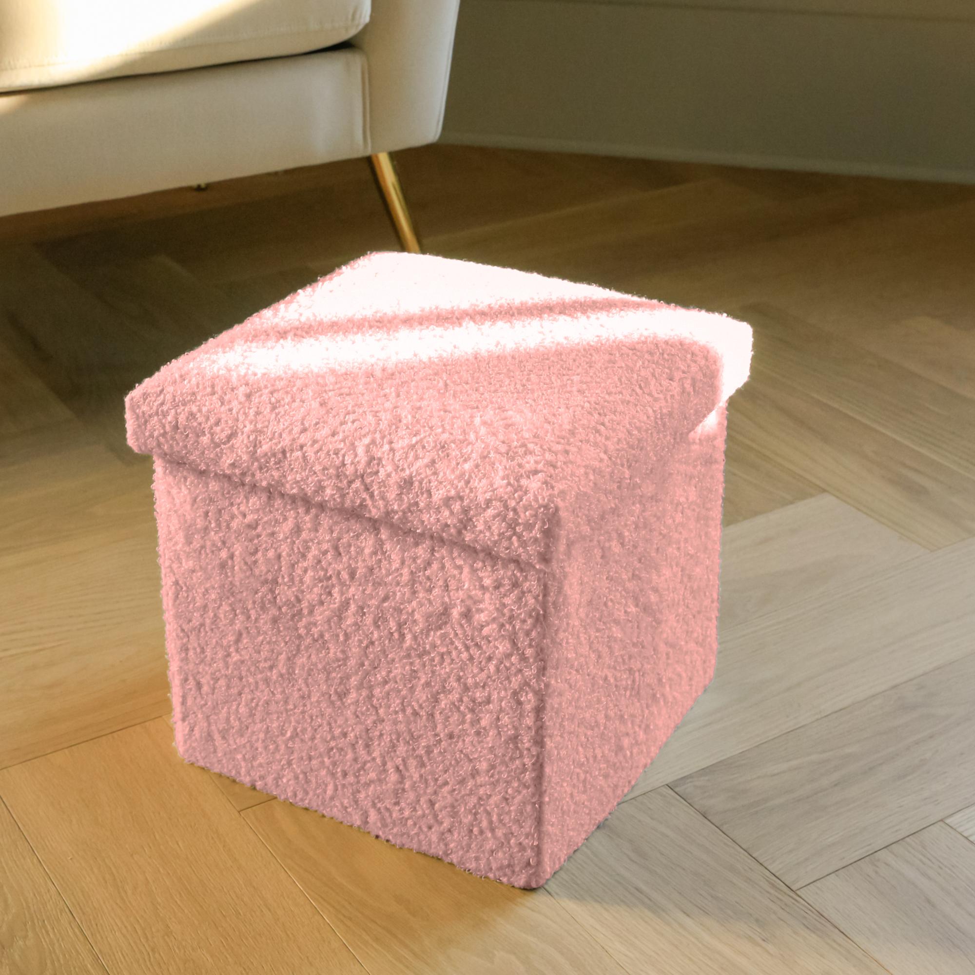 12" Pink Boucle Cube Ottoman With Storage