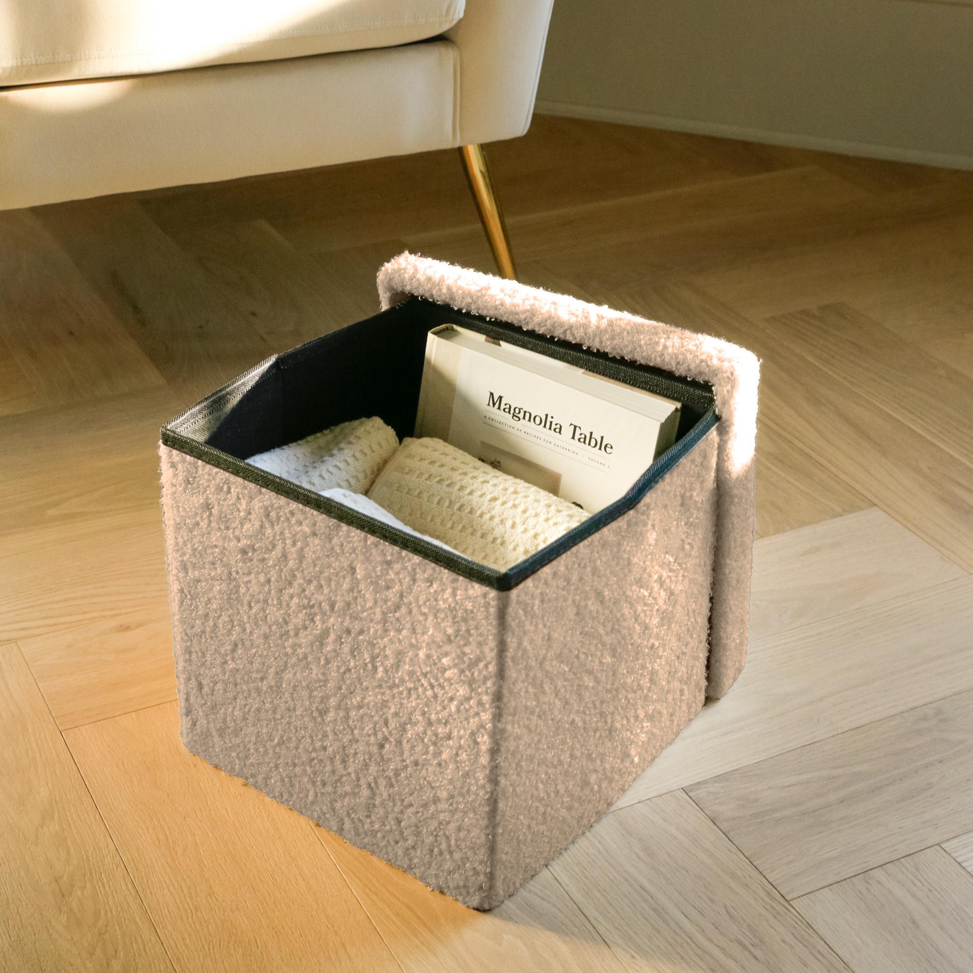 12" Taupe Boucle Cube Ottoman With Storage
