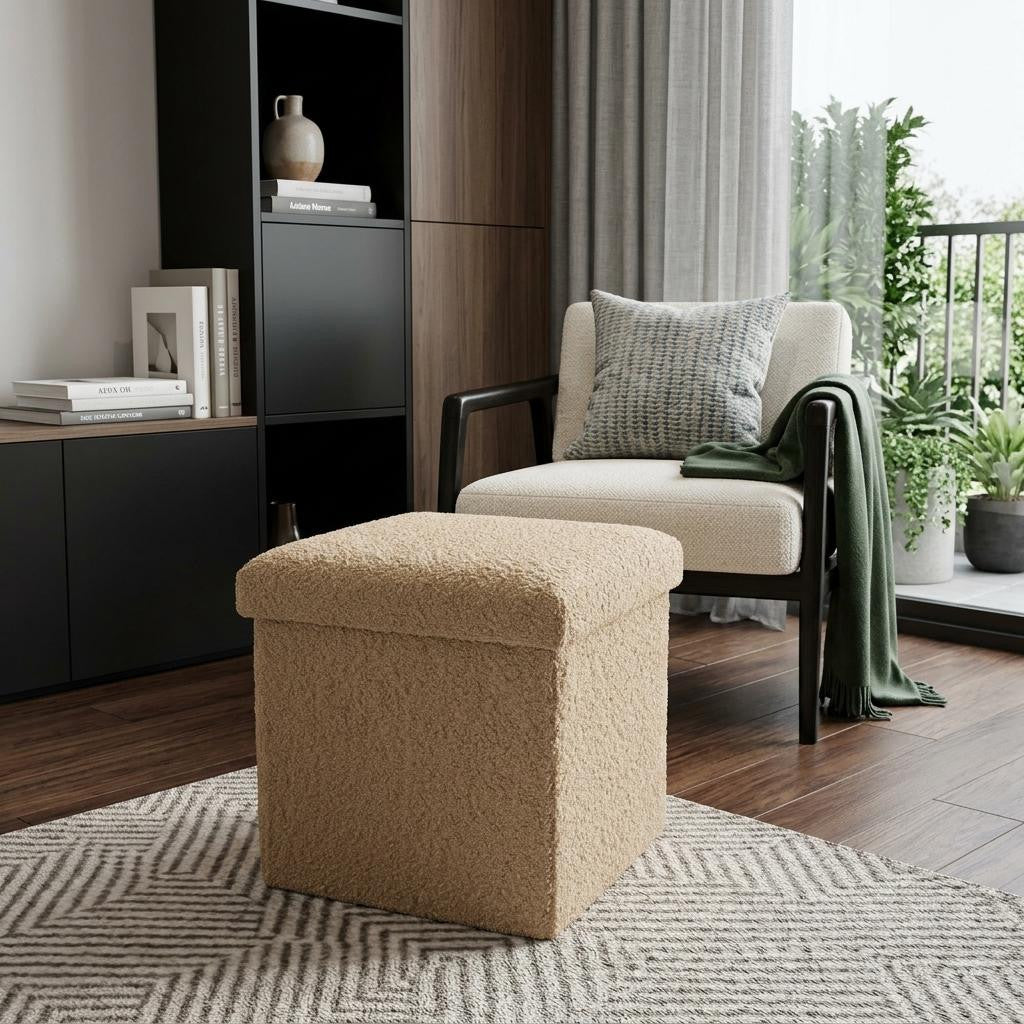 12" Taupe Boucle Cube Ottoman With Storage
