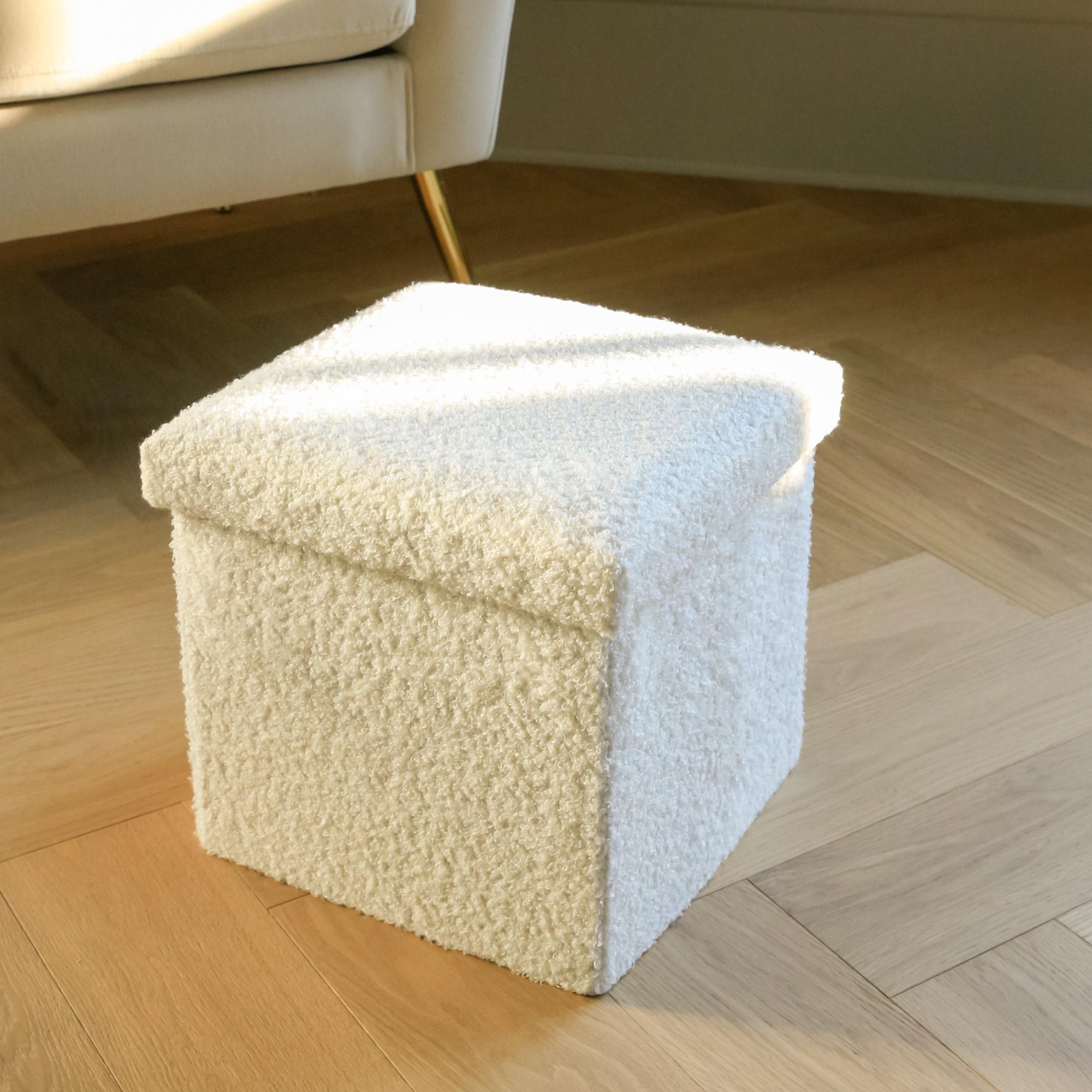 12" White Boucle Cube Ottoman With Storage