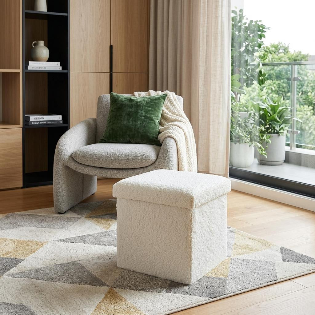 12" White Boucle Cube Ottoman With Storage