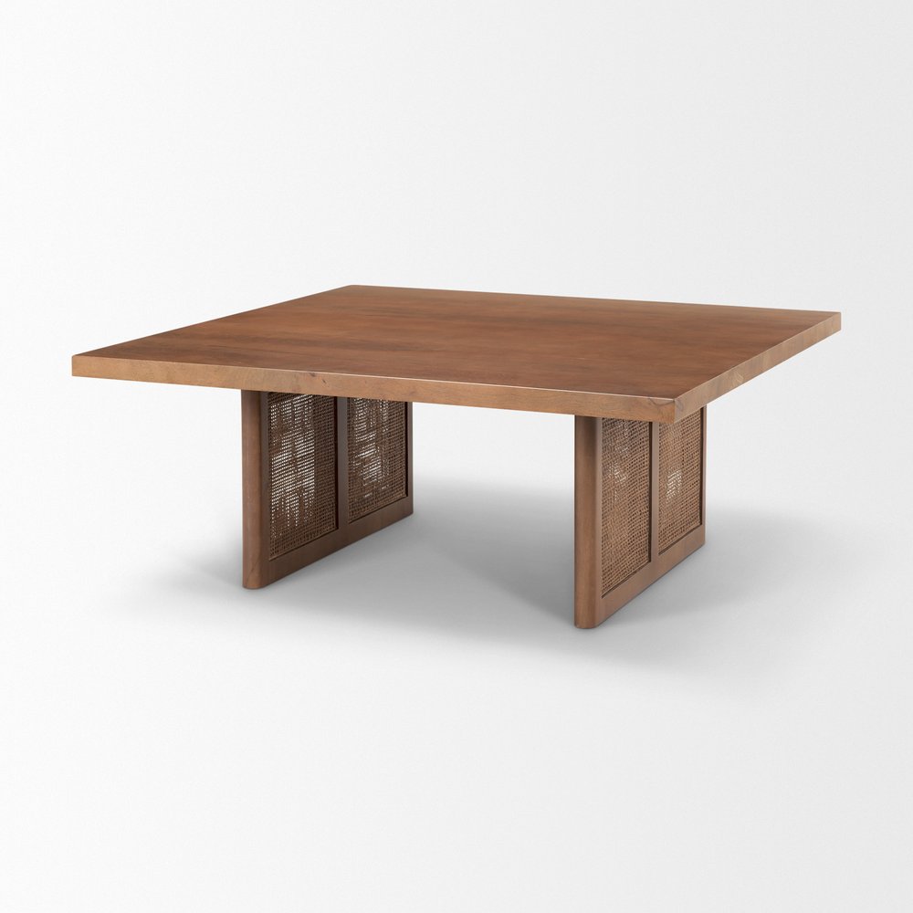 42" Brown and Natural Solid Wood and Wicker Square Double Pedestal Coffee Table