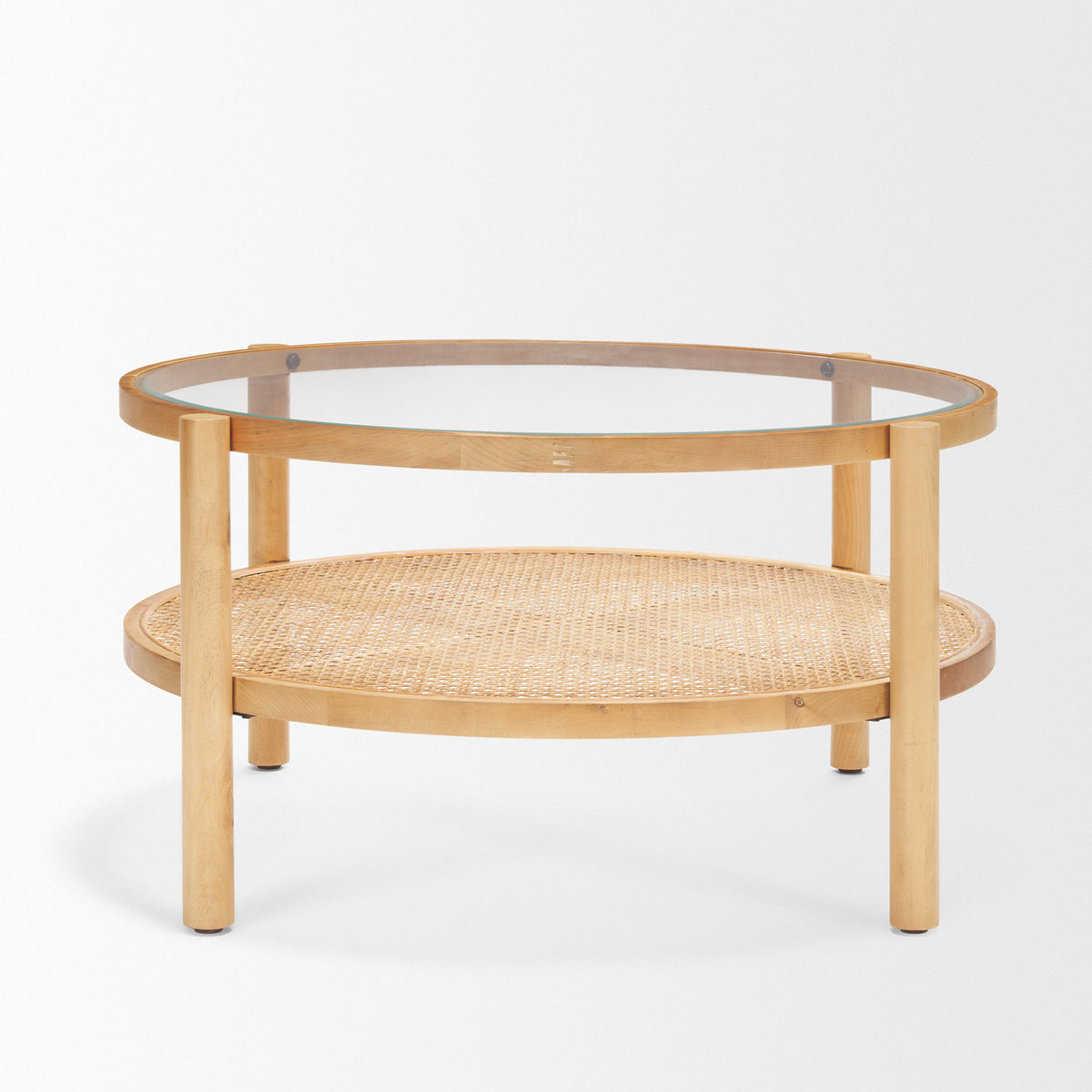 34" Clear and Natural Glass and Solid Wood Round Coffee Table With Shelf