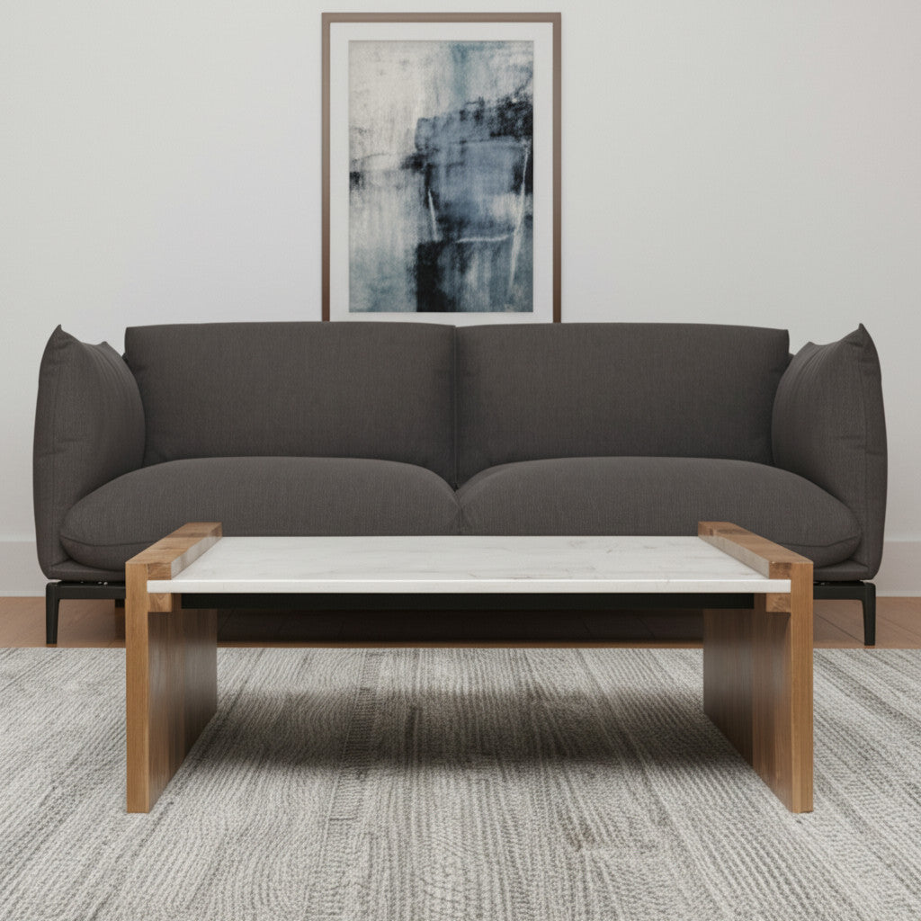 48" Natural and White Solid Wood And Genuine Marble Coffee Table