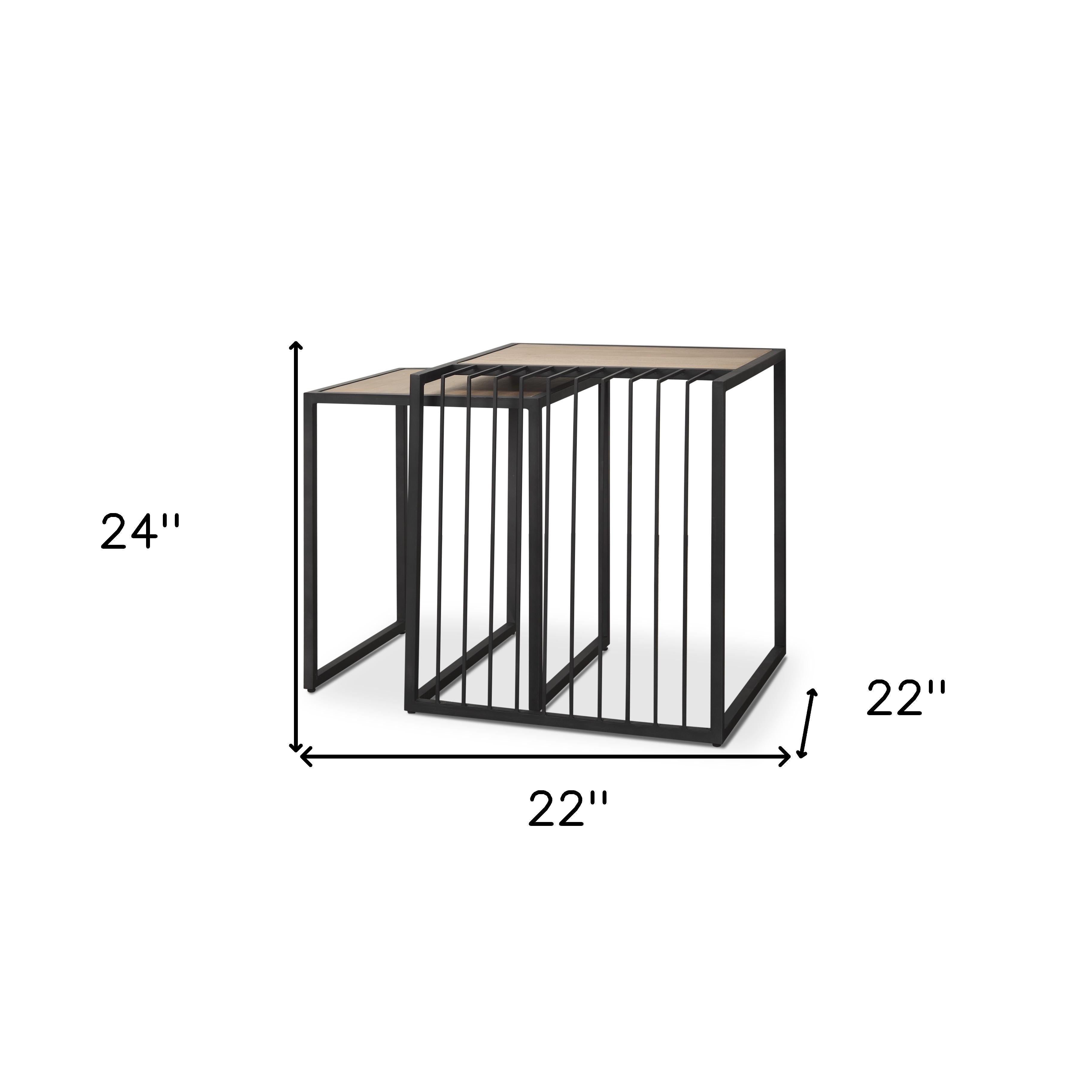 Set of Two Natural and Black Solid Wood and Metal Square Sled Nested Tables