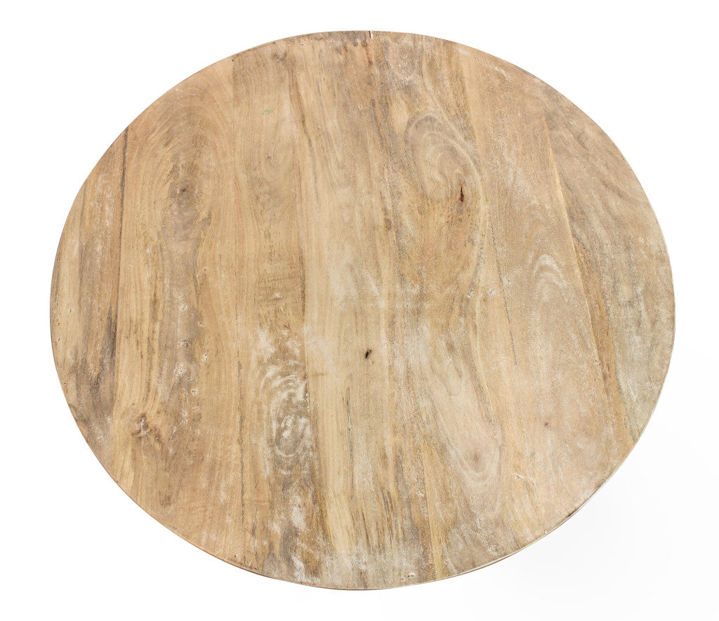 34" Natural Solid Wood Round Distressed Floor Shelf Coffee Table With Shelf