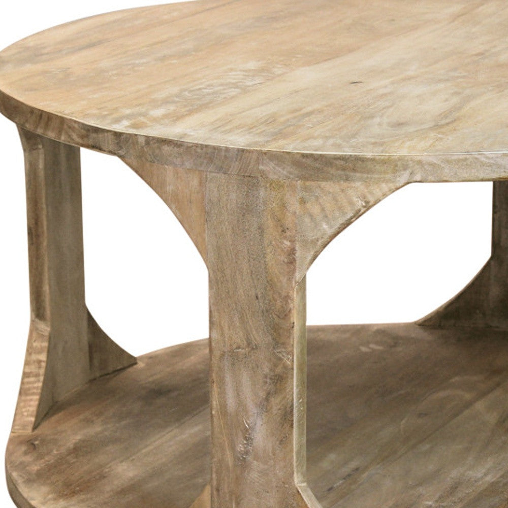 34" Natural Solid Wood Round Distressed Floor Shelf Coffee Table With Shelf