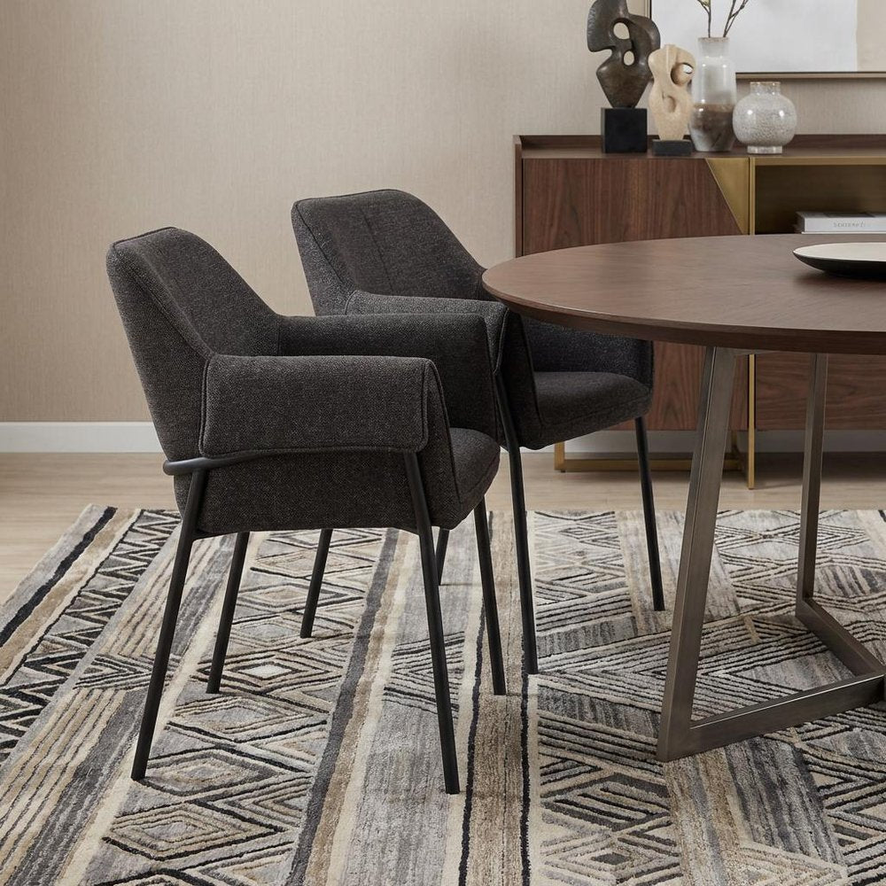 Set of Two Gray and Black Fabric Dining Arm Chairs