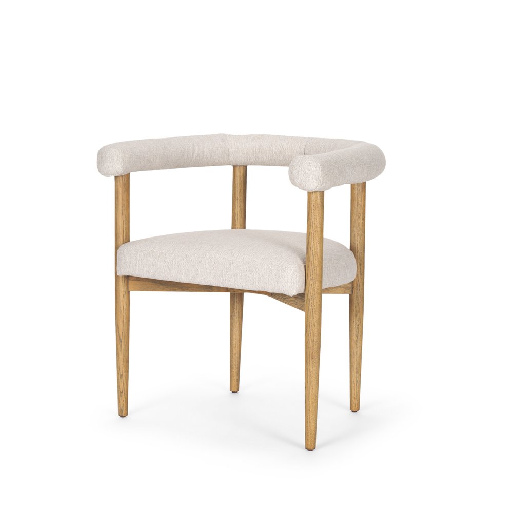 Beige and Brown Upholstered Cushion And Solid Wood Open Back Dining Arm Chair