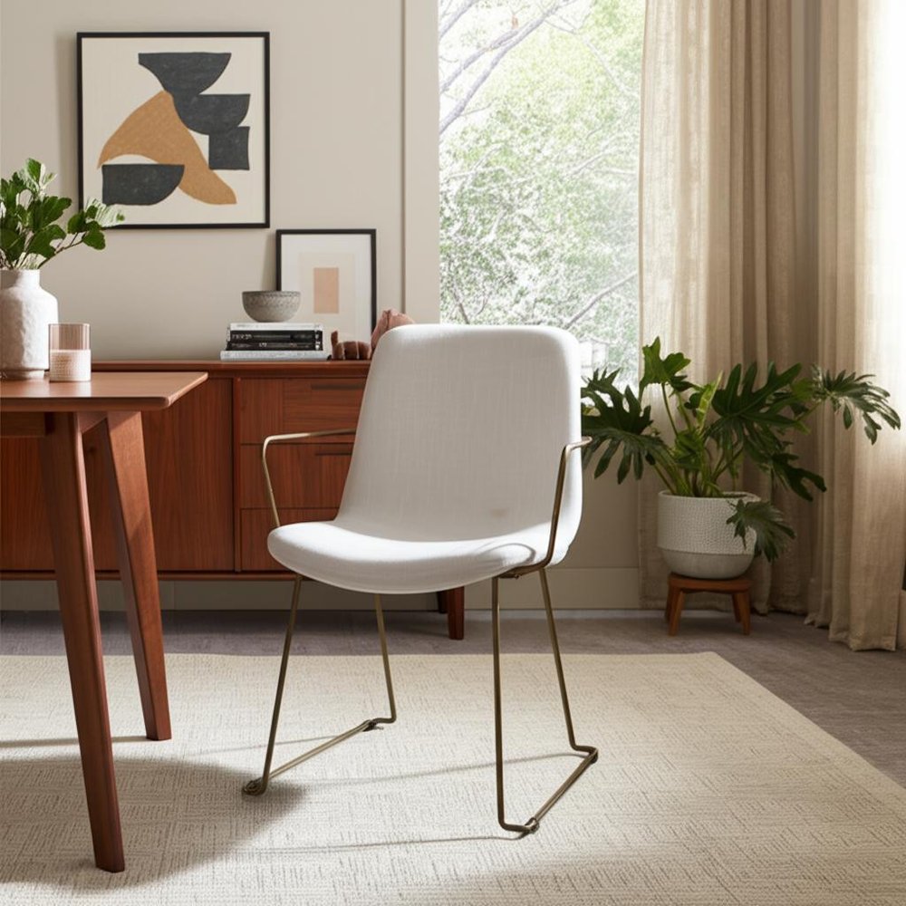 Beige and Gold Fabric and Wood Dining Arm Chair