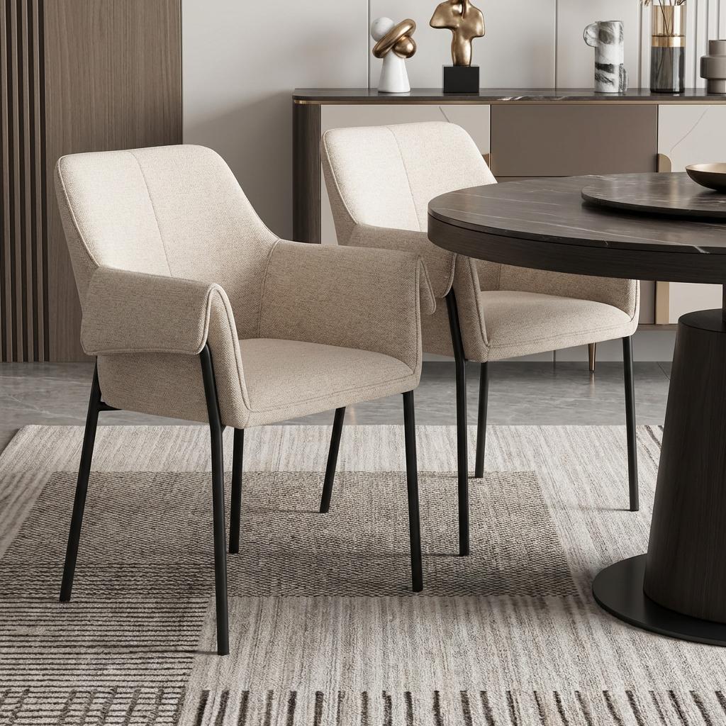 Set of Two Beige and Black Fabric Dining Arm Chairs
