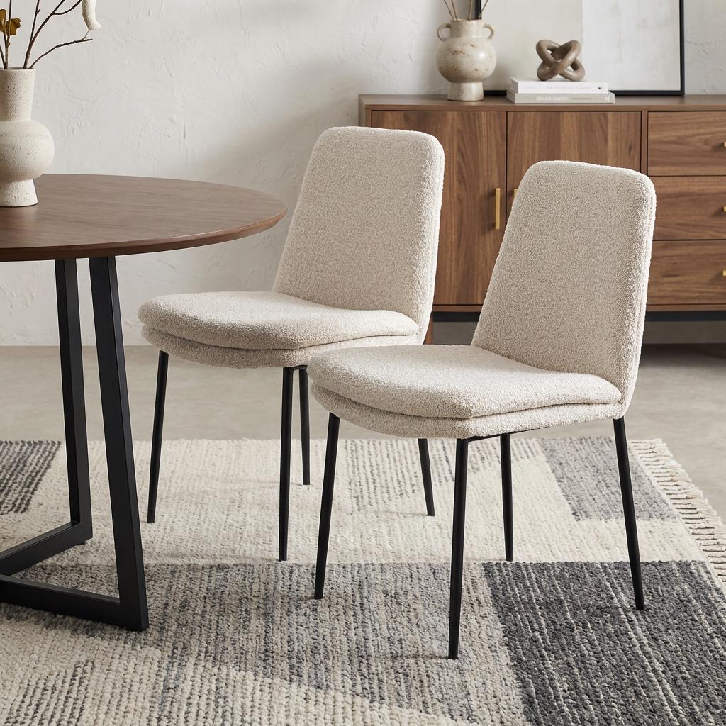 Set of Two Cream and Black Boucle Dining Side Chairs
