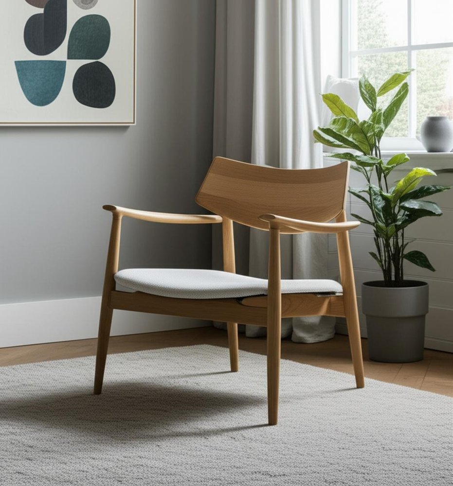27" Cream and Natural Upholstery and Solid Wood Arm Chair