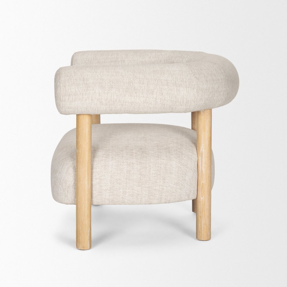 31" Cream and Natural Linen and Solid Wood Barrel Chair