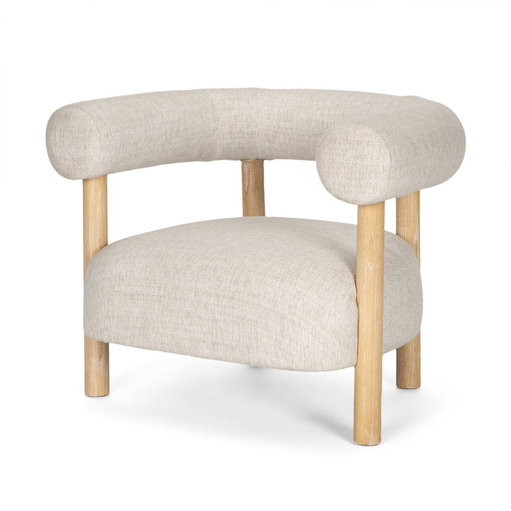 31" Cream and Natural Linen and Solid Wood Barrel Chair