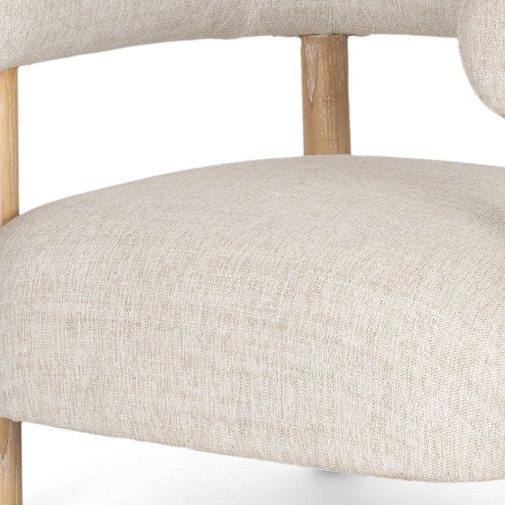 31" Cream and Natural Linen and Solid Wood Barrel Chair