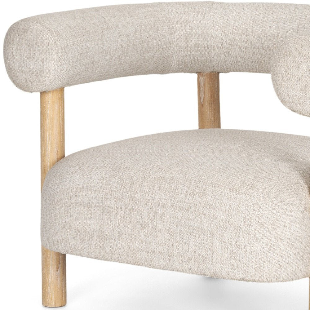 31" Cream and Natural Linen and Solid Wood Barrel Chair