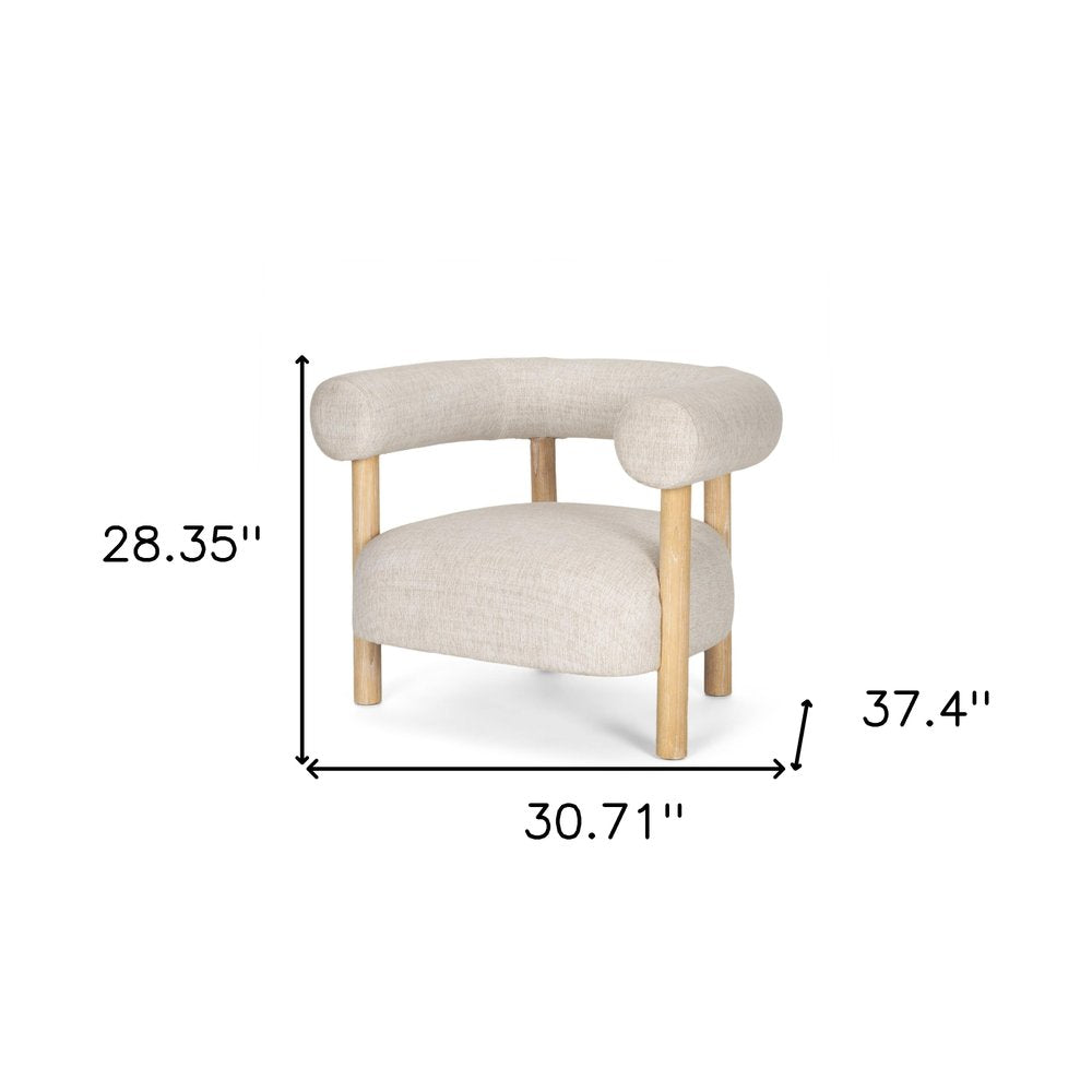 31" Cream and Natural Linen and Solid Wood Barrel Chair