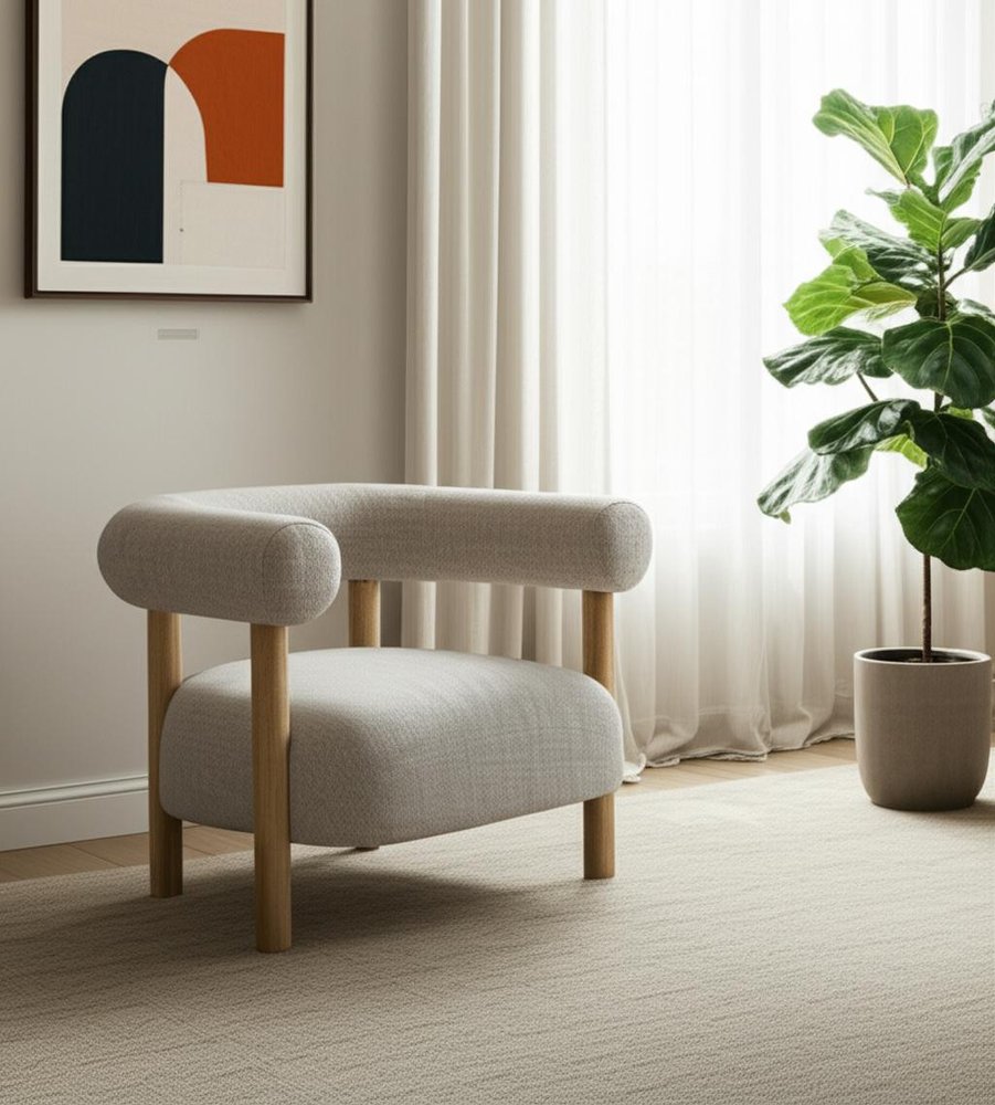 31" Cream and Natural Linen and Solid Wood Barrel Chair