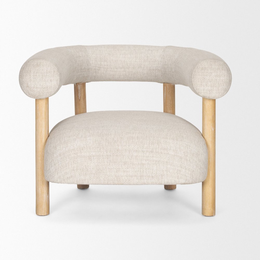 31" Cream and Natural Linen and Solid Wood Barrel Chair